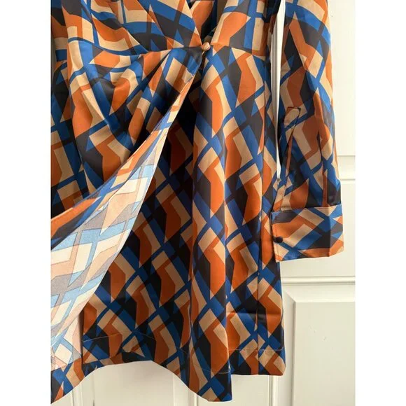 Banana Republic Blue and Orange Geometric Print Satin Wrap Dress - Picture 8 of 12